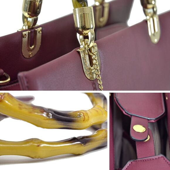 Dasein Medium Wine Satchel Wooden Bamboo Top Handle Handbag - Picture 6 of 8